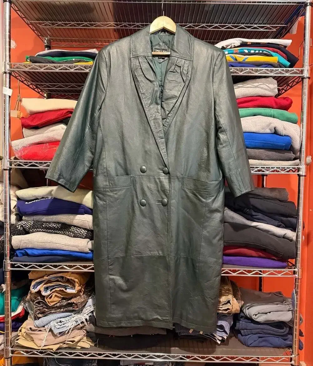 Vintage Pelle New York Milano Dark Green Leather Long Trench Coat Size Small